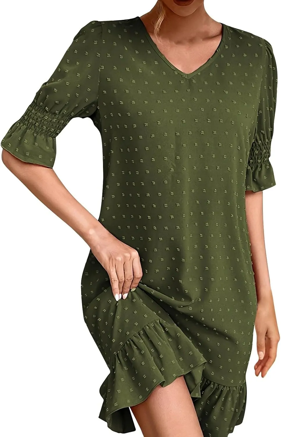 Womens Summer Dresses 2025 Casual Loose Fit Ruffled Hem Beach Dress Trendy Swiss Dots Short Sleeve V Neck Mini Dress