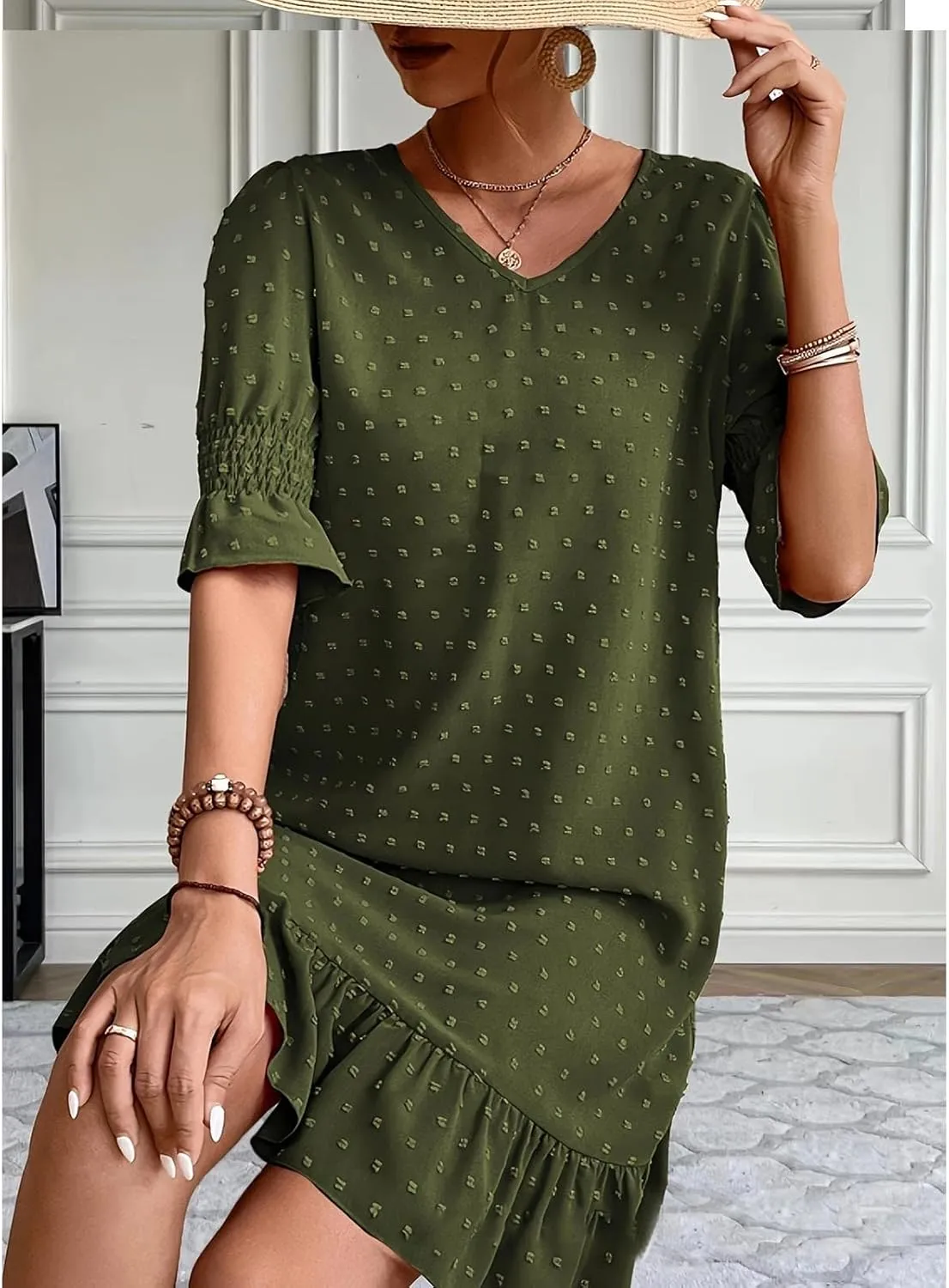 Womens Summer Dresses 2025 Casual Loose Fit Ruffled Hem Beach Dress Trendy Swiss Dots Short Sleeve V Neck Mini Dress