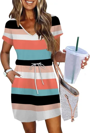 Womens Summer Dresses 2025 Casual Tie Front Short Sleeve A Line Midi Shirt Dress Beach Vacation Clothes
