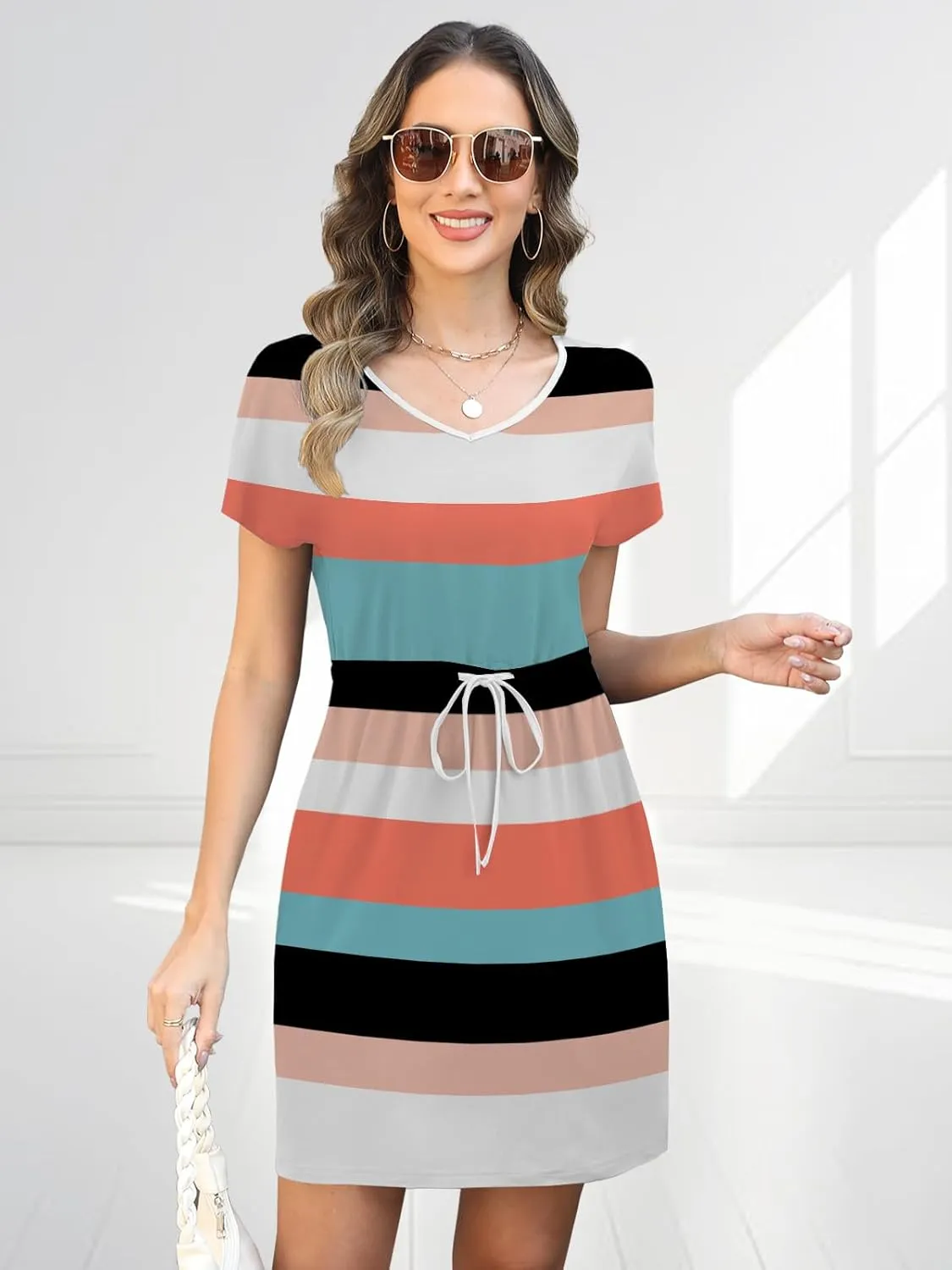 Womens Summer Dresses 2025 Casual Tie Front Short Sleeve A Line Midi Shirt Dress Beach Vacation Clothes