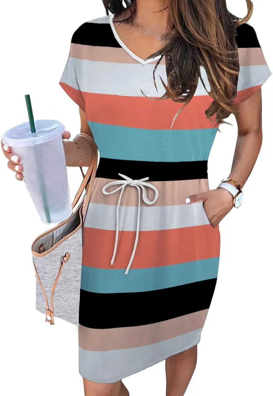 Womens Summer Dresses 2025 Casual Tie Front Short Sleeve A Line Midi Shirt Dress Beach Vacation Clothes