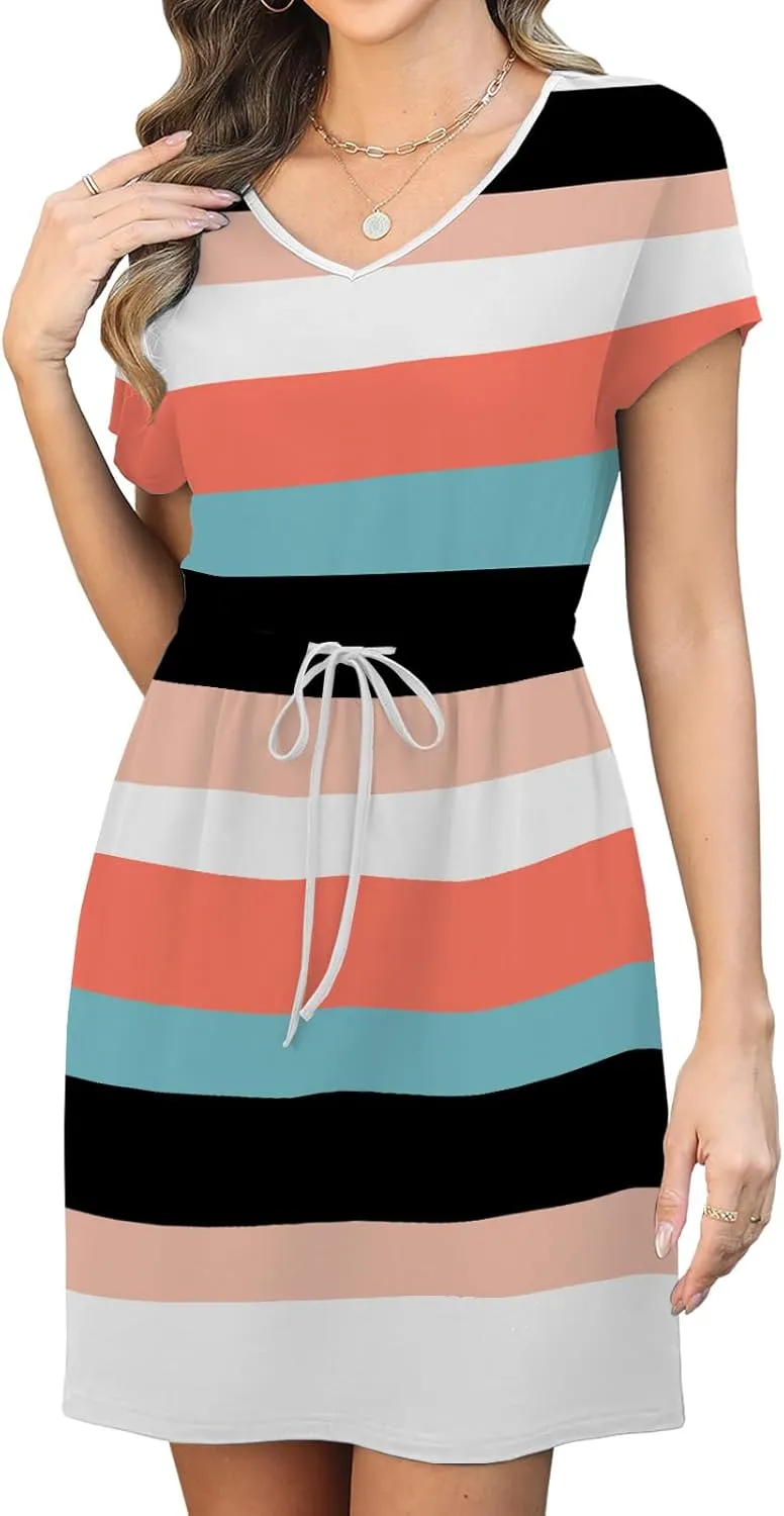 Womens Summer Dresses 2025 Casual Tie Front Short Sleeve A Line Midi Shirt Dress Beach Vacation Clothes