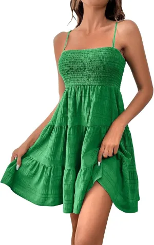 Womens Summer Dresses Spaghetti Strap Sleeveless Backless Ruffle Hem Swing Mini Casual A-Line Maxi Beach Smocked Short Dress