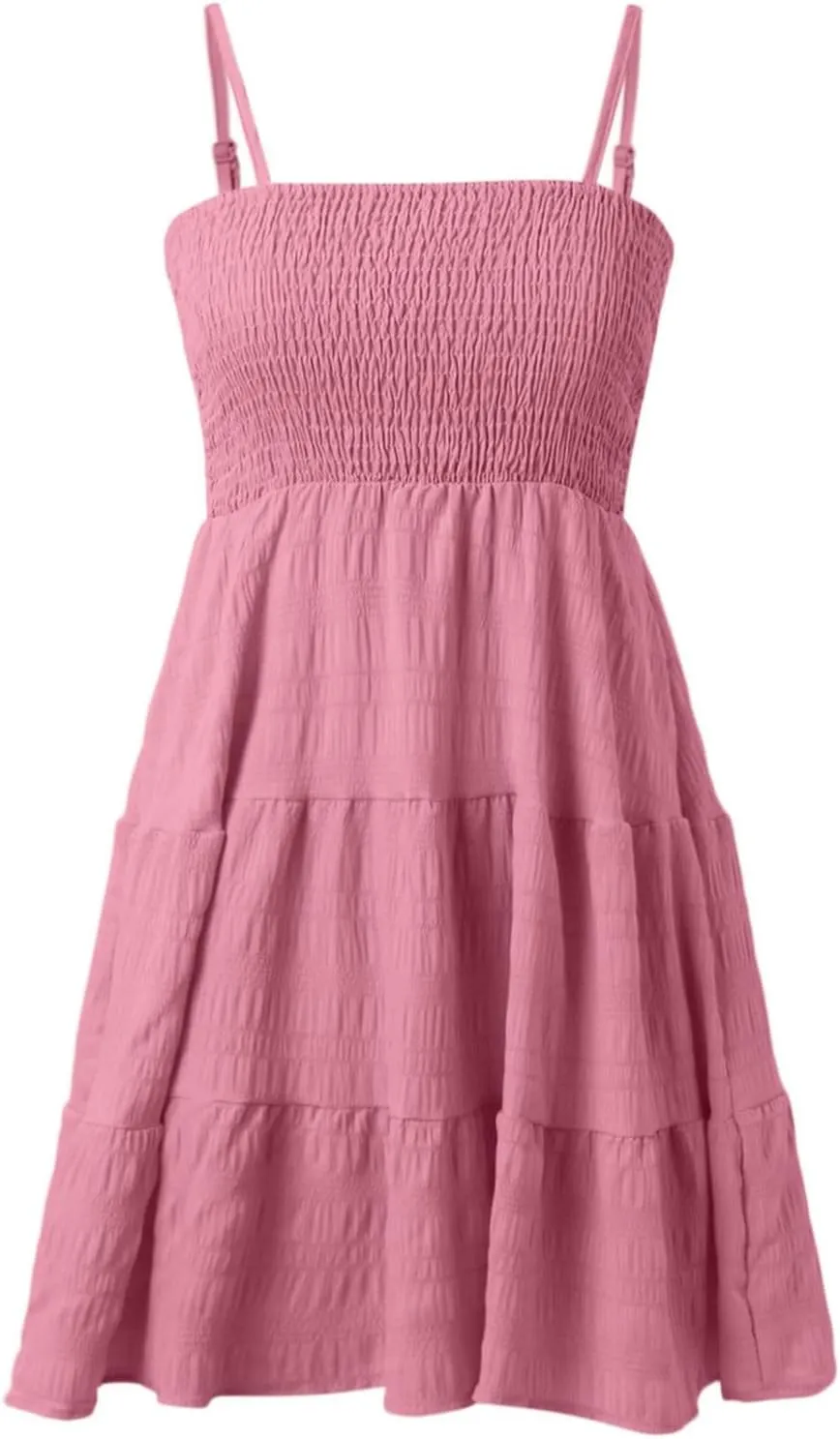 Womens Summer Dresses Spaghetti Strap Sleeveless Backless Ruffle Hem Swing Mini Casual A-Line Maxi Beach Smocked Short Dress