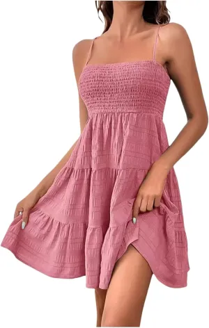 Womens Summer Dresses Spaghetti Strap Sleeveless Backless Ruffle Hem Swing Mini Casual A-Line Maxi Beach Smocked Short Dress