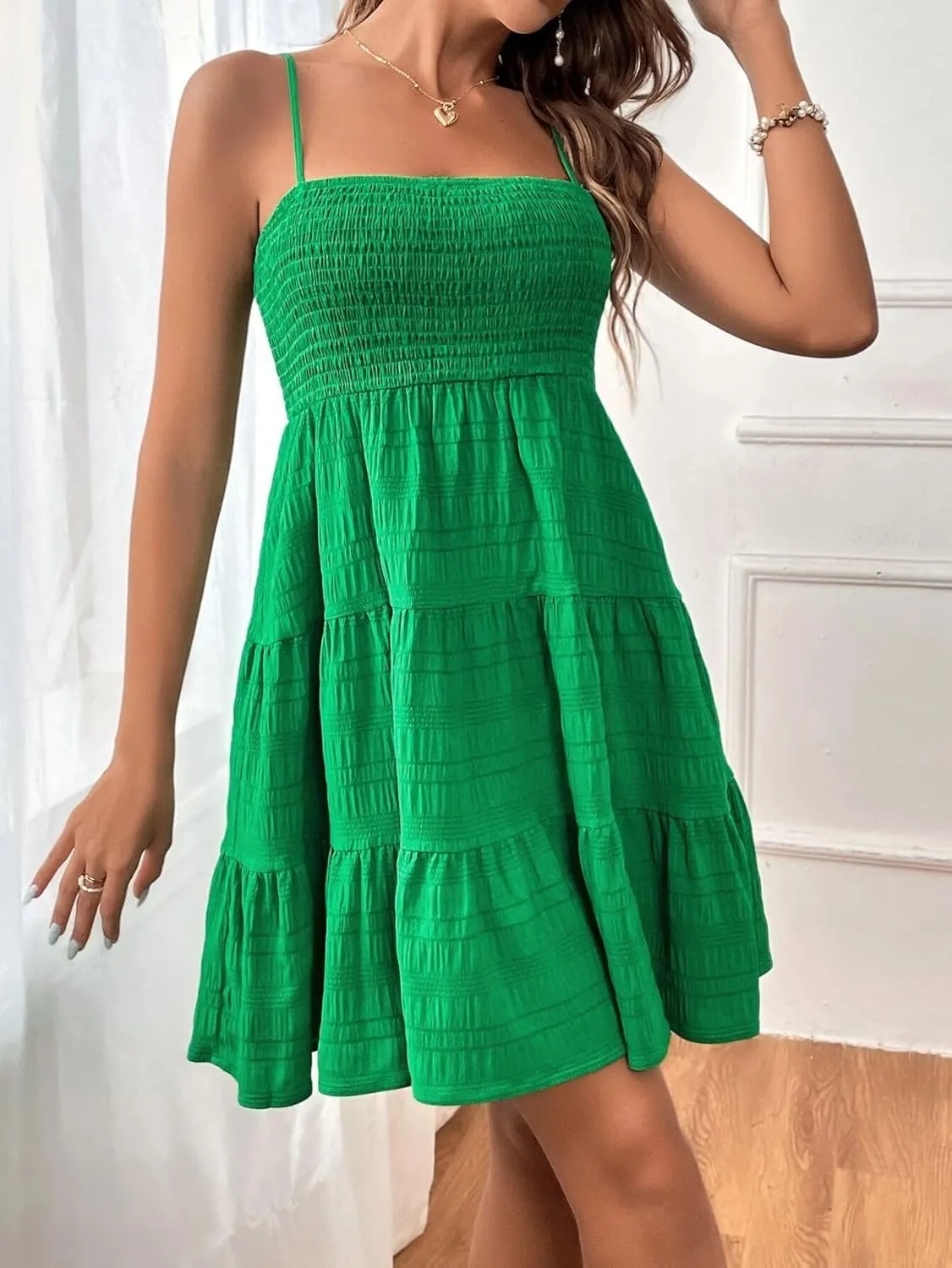 Womens Summer Dresses Spaghetti Strap Sleeveless Backless Ruffle Hem Swing Mini Casual A-Line Maxi Beach Smocked Short Dress