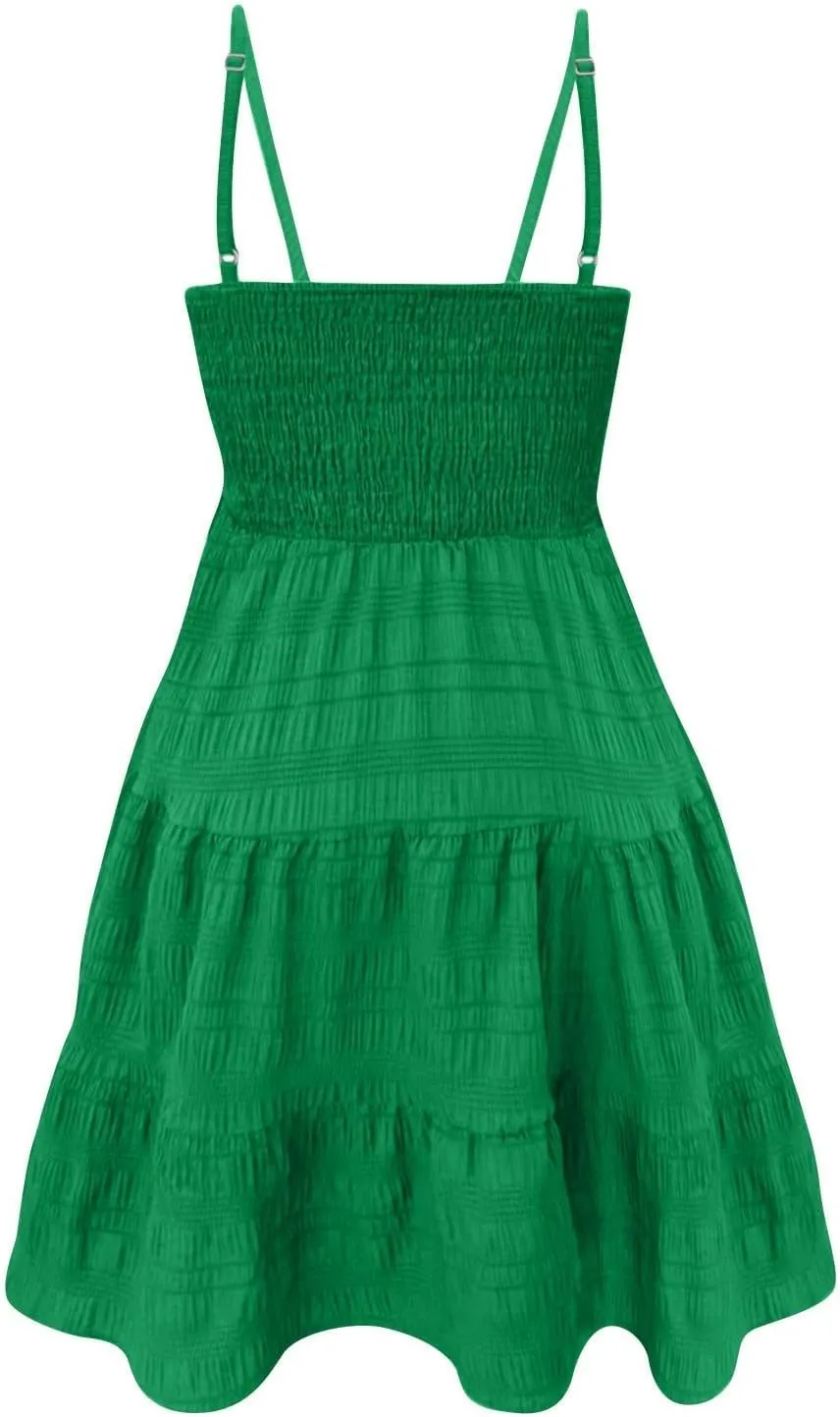 Womens Summer Dresses Spaghetti Strap Sleeveless Backless Ruffle Hem Swing Mini Casual A-Line Maxi Beach Smocked Short Dress