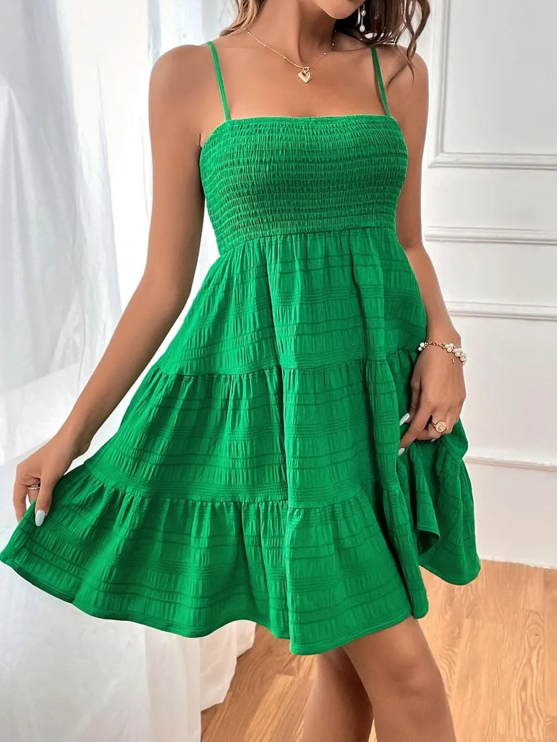 Womens Summer Dresses Spaghetti Strap Sleeveless Backless Ruffle Hem Swing Mini Casual A-Line Maxi Beach Smocked Short Dress