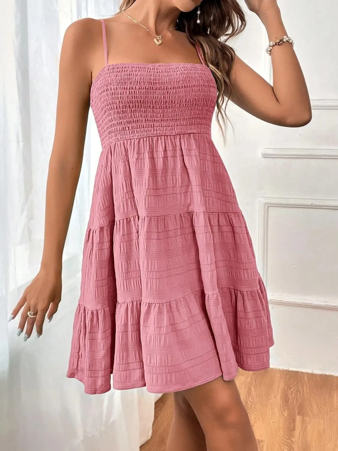 Womens Summer Dresses Spaghetti Strap Sleeveless Backless Ruffle Hem Swing Mini Casual A-Line Maxi Beach Smocked Short Dress