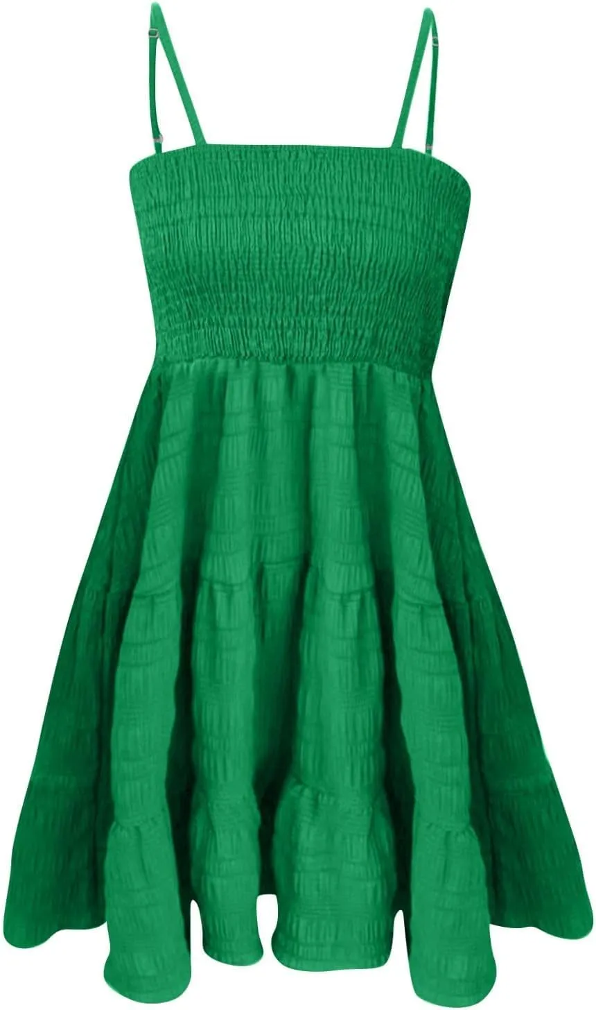 Womens Summer Dresses Spaghetti Strap Sleeveless Backless Ruffle Hem Swing Mini Casual A-Line Maxi Beach Smocked Short Dress