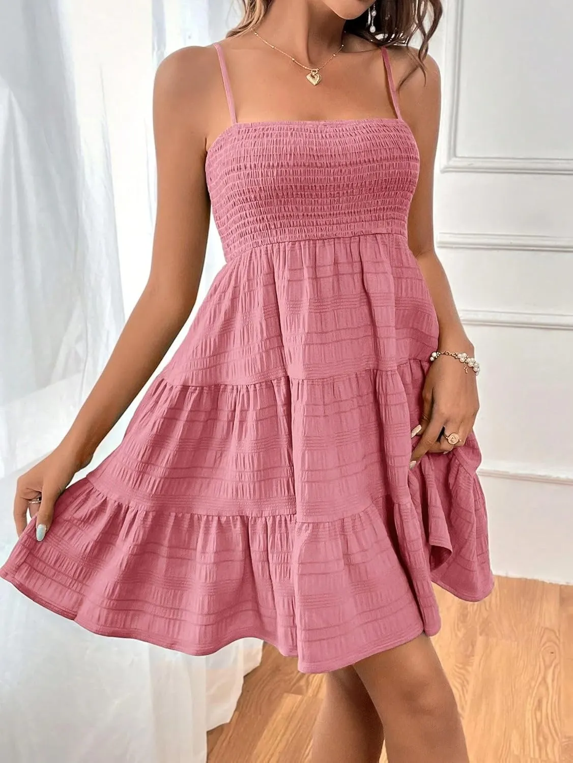 Womens Summer Dresses Spaghetti Strap Sleeveless Backless Ruffle Hem Swing Mini Casual A-Line Maxi Beach Smocked Short Dress