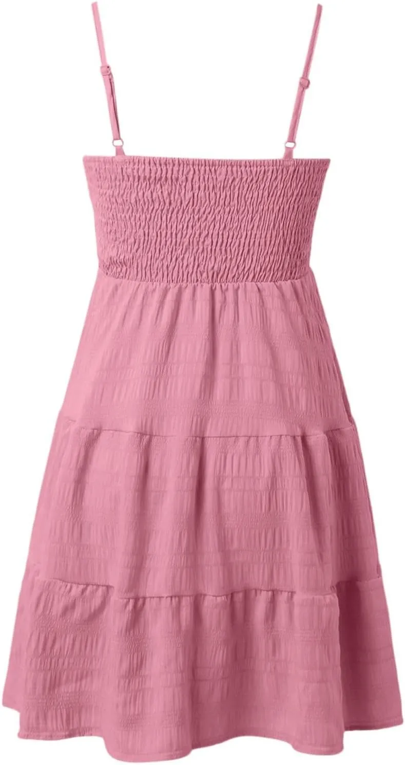 Womens Summer Dresses Spaghetti Strap Sleeveless Backless Ruffle Hem Swing Mini Casual A-Line Maxi Beach Smocked Short Dress