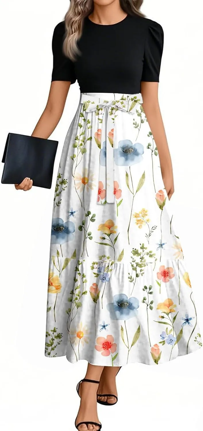 Womens Summer Floral Midi Dresses Cap Sleeve Beach Vacation Dress V Neck Ruffle Long Flowy Boho Casual Long Flowy Dress