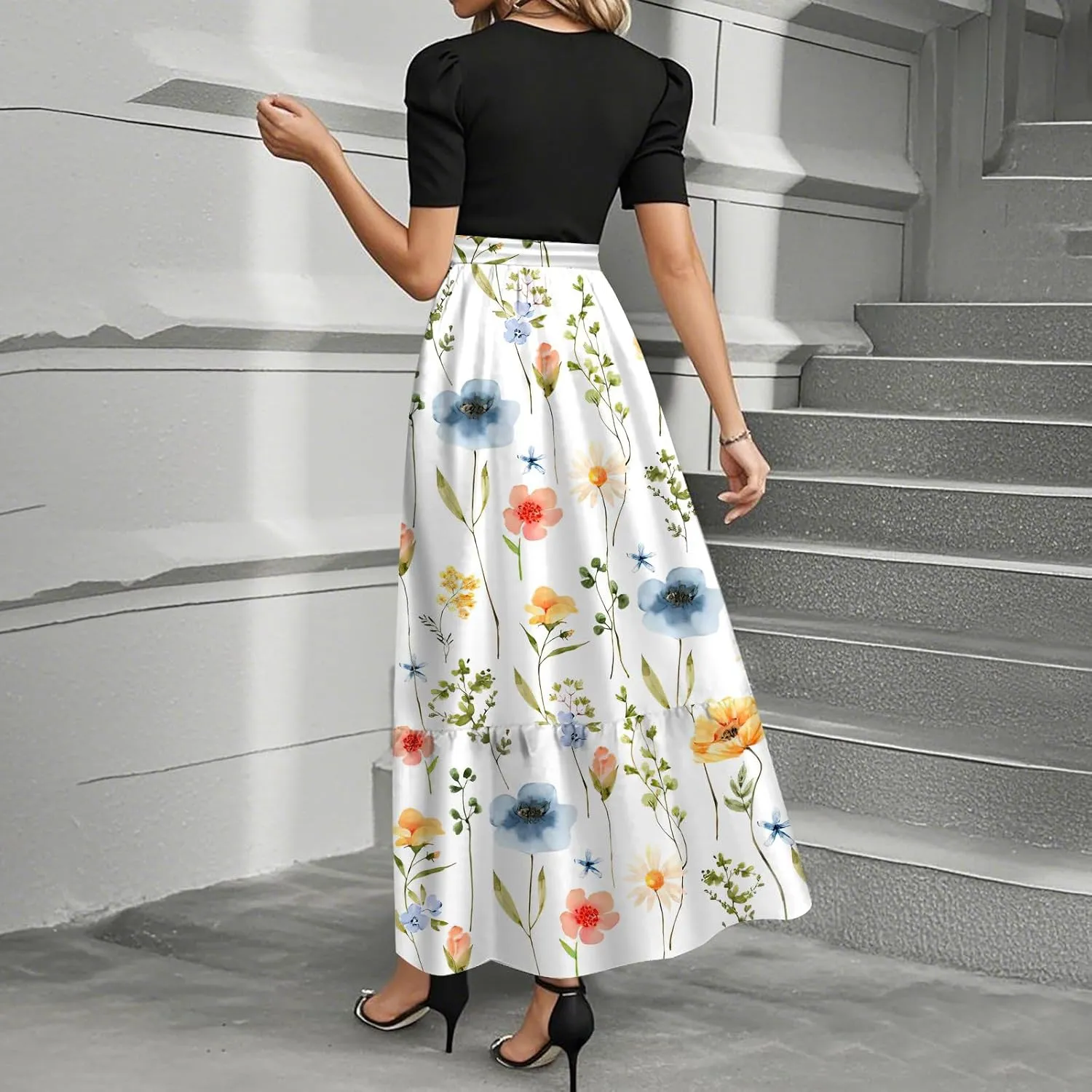 Womens Summer Floral Midi Dresses Cap Sleeve Beach Vacation Dress V Neck Ruffle Long Flowy Boho Casual Long Flowy Dress
