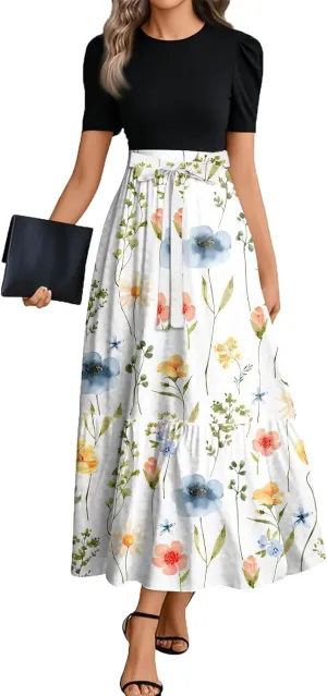 Womens Summer Floral Midi Dresses Cap Sleeve Beach Vacation Dress V Neck Ruffle Long Flowy Boho Casual Long Flowy Dress