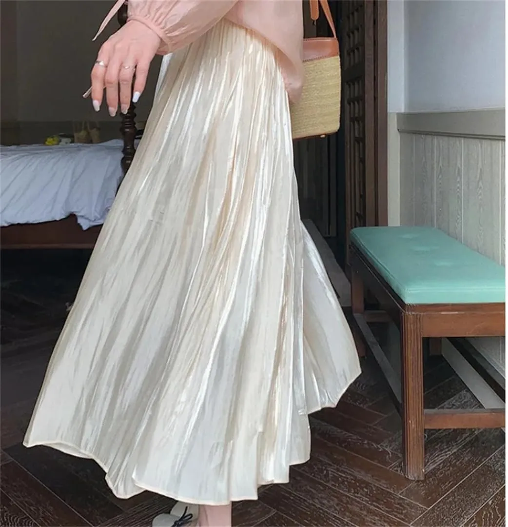Women's Summer High Waist A-Line Mid Length Solid Color Pleated Flowing Light Skirt