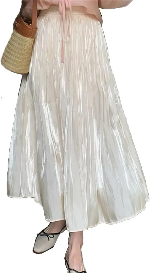 Women's Summer High Waist A-Line Mid Length Solid Color Pleated Flowing Light Skirt