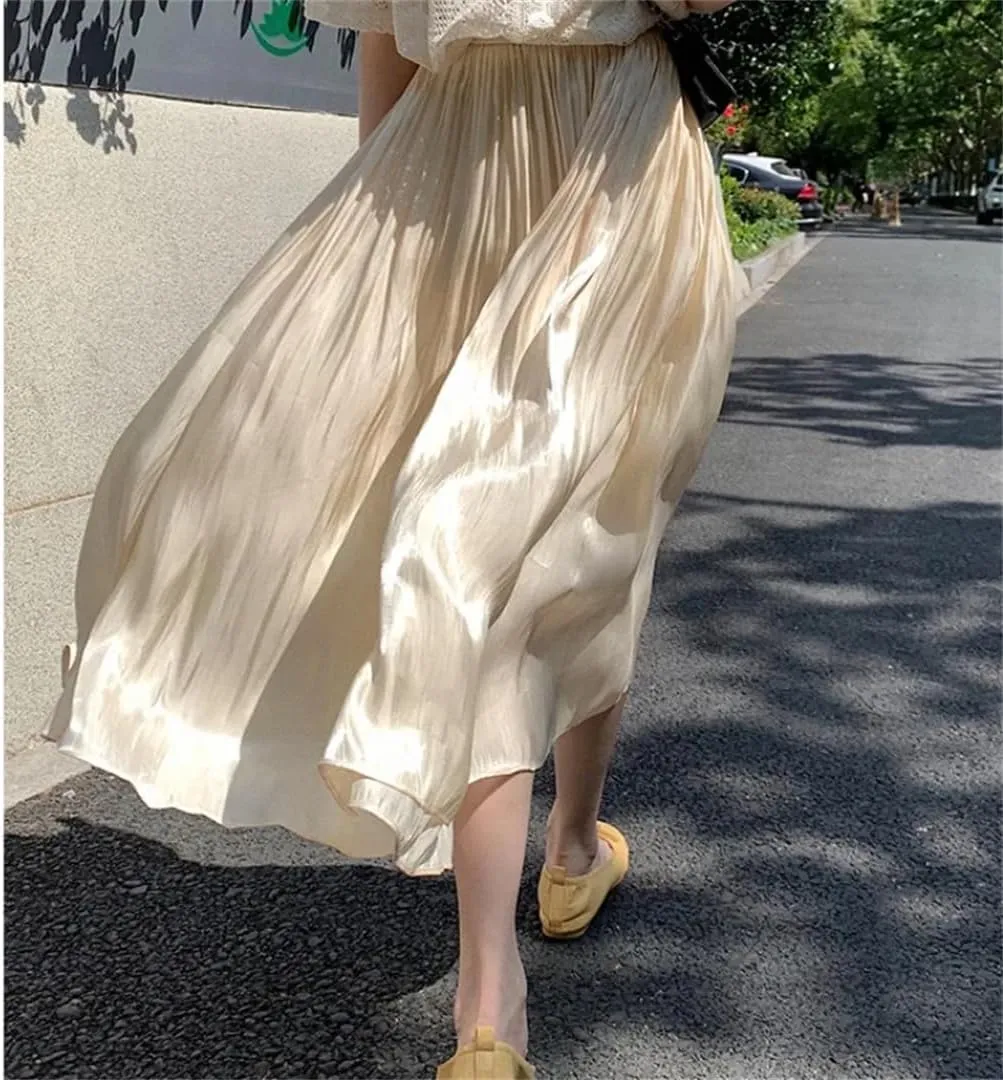Women's Summer High Waist A-Line Mid Length Solid Color Pleated Flowing Light Skirt