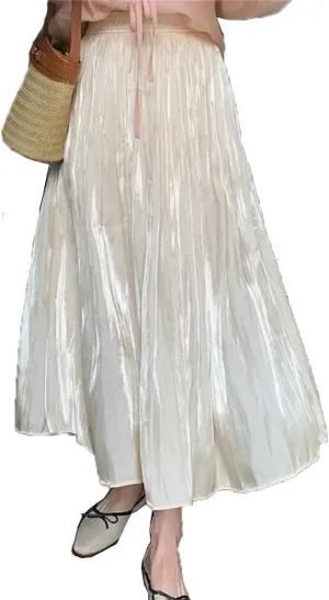 Women's Summer High Waist A-Line Mid Length Solid Color Pleated Flowing Light Skirt