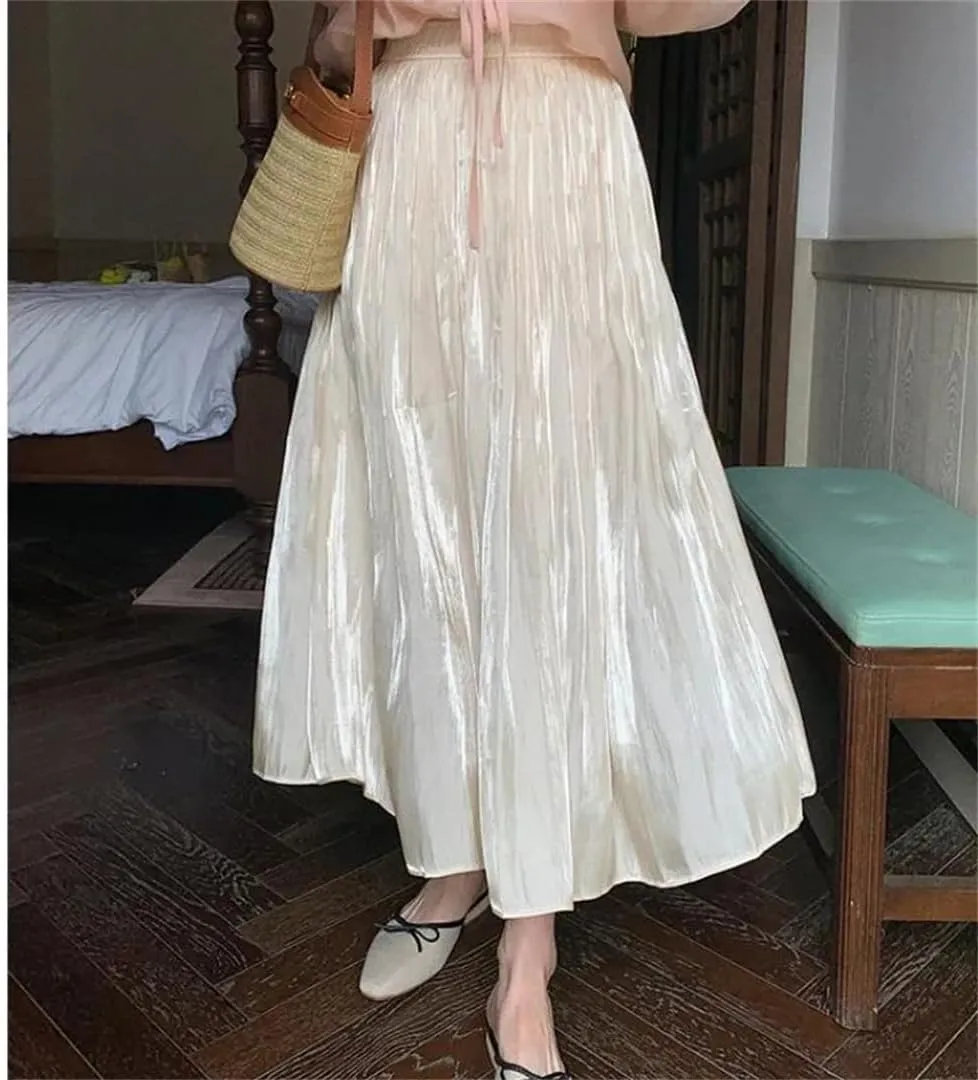 Women's Summer High Waist A-Line Mid Length Solid Color Pleated Flowing Light Skirt