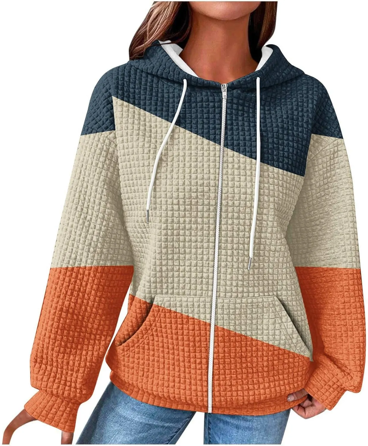 Womens Zip Up Hoodies Long Sleeve Color Block Waffle Knit Hooded Sweatshirt Comfy Oversized Sweatshirts