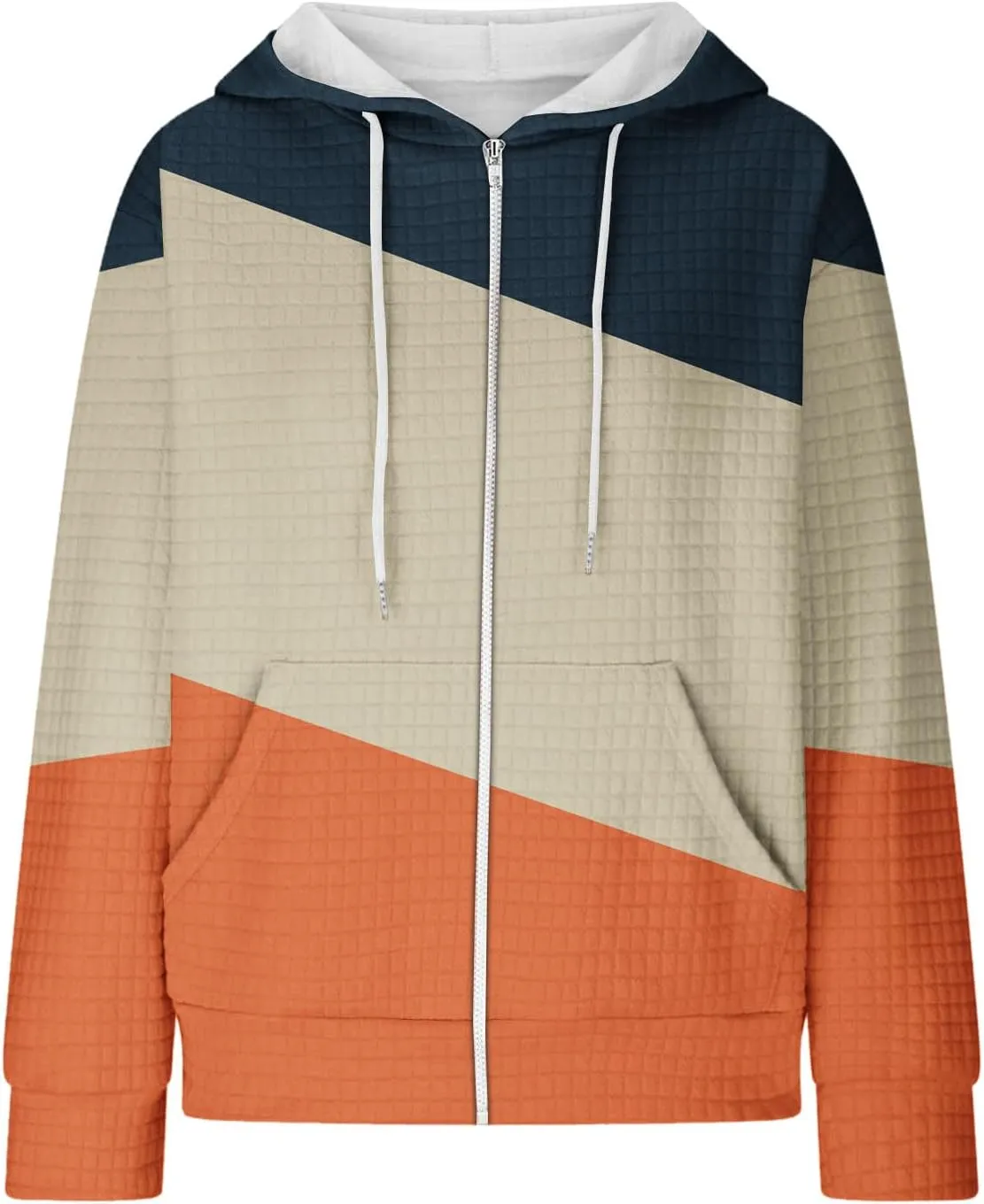 Womens Zip Up Hoodies Long Sleeve Color Block Waffle Knit Hooded Sweatshirt Comfy Oversized Sweatshirts