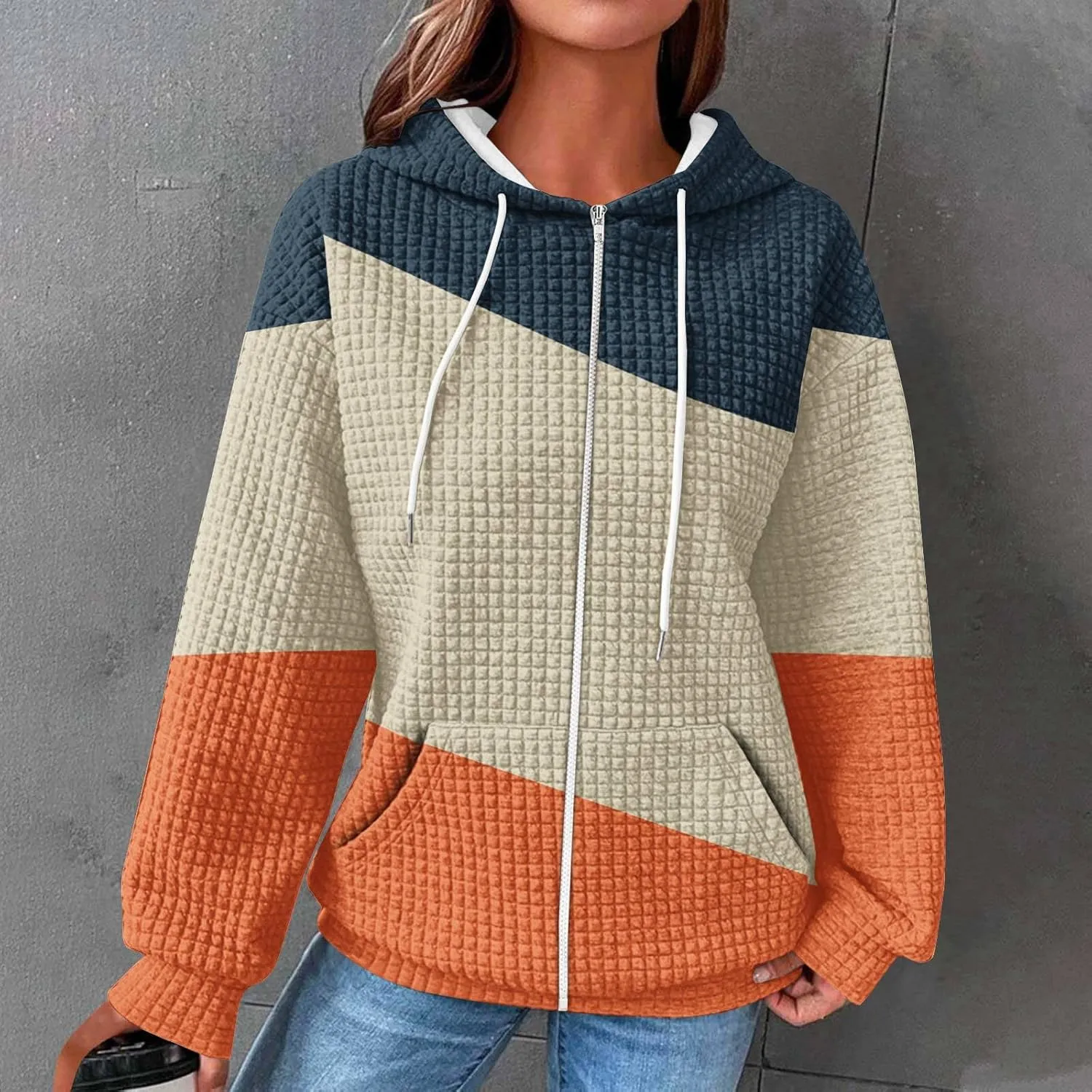 Womens Zip Up Hoodies Long Sleeve Color Block Waffle Knit Hooded Sweatshirt Comfy Oversized Sweatshirts