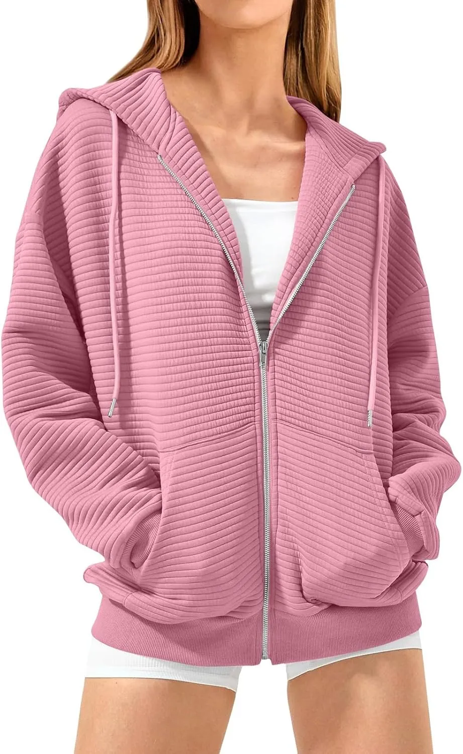 Womens Zip Up Hoodies Y2k Long Sleeve Fall Oversized Sweatshirts Preppy Cute Hoodies Drawstring Jackets with Pockets