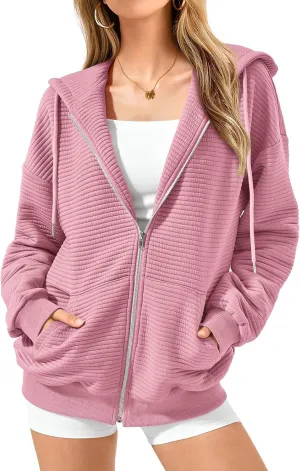 Womens Zip Up Hoodies Y2k Long Sleeve Fall Oversized Sweatshirts Preppy Cute Hoodies Drawstring Jackets with Pockets