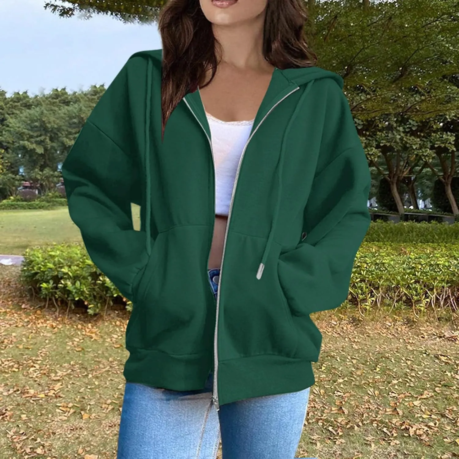 Womens Zip Up Y2K Hoodies Casual Long Sleeve Fall Oversized Sweatshirts Jacket with Pockets 2024 Fashion Clothes