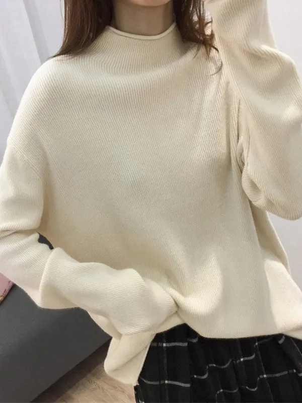 xakxx Casual Loose Long Sleeves Solid Color Half Turtleneck Sweater Tops