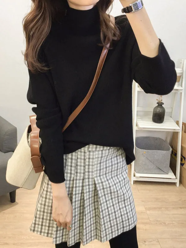 xakxx Casual Loose Long Sleeves Solid Color Half Turtleneck Sweater Tops