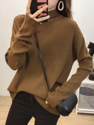 xakxx Casual Loose Long Sleeves Solid Color Half Turtleneck Sweater Tops