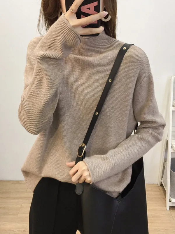 xakxx Casual Loose Long Sleeves Solid Color Half Turtleneck Sweater Tops