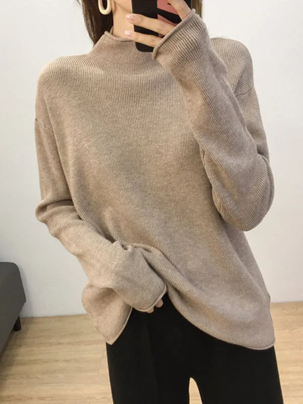 xakxx Casual Loose Long Sleeves Solid Color Half Turtleneck Sweater Tops