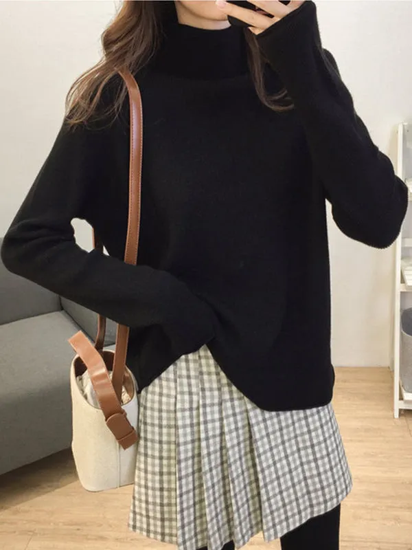 xakxx Casual Loose Long Sleeves Solid Color Half Turtleneck Sweater Tops
