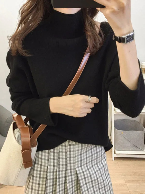 xakxx Casual Loose Long Sleeves Solid Color Half Turtleneck Sweater Tops