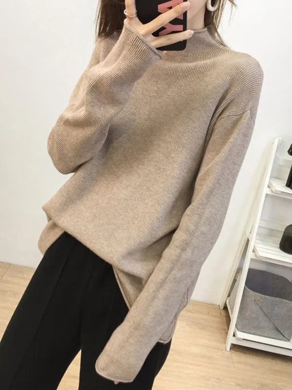 xakxx Casual Loose Long Sleeves Solid Color Half Turtleneck Sweater Tops