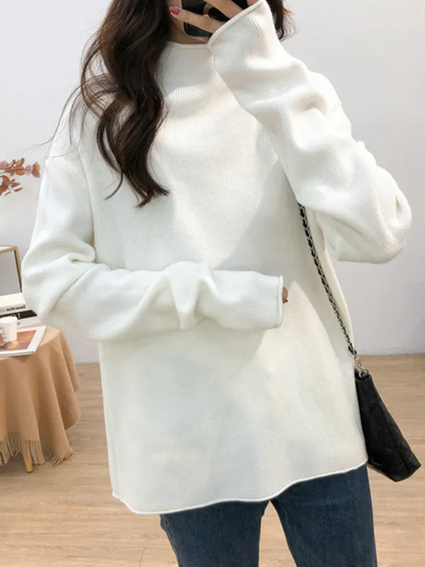 xakxx Casual Loose Long Sleeves Solid Color Half Turtleneck Sweater Tops