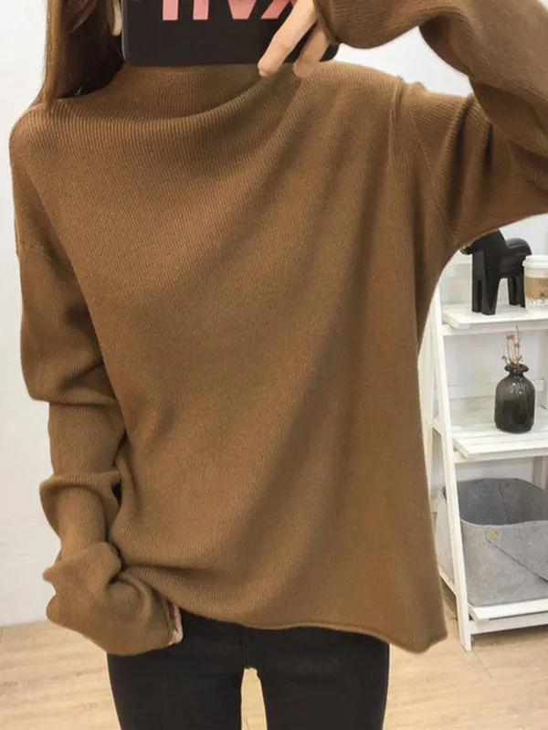 xakxx Casual Loose Long Sleeves Solid Color Half Turtleneck Sweater Tops