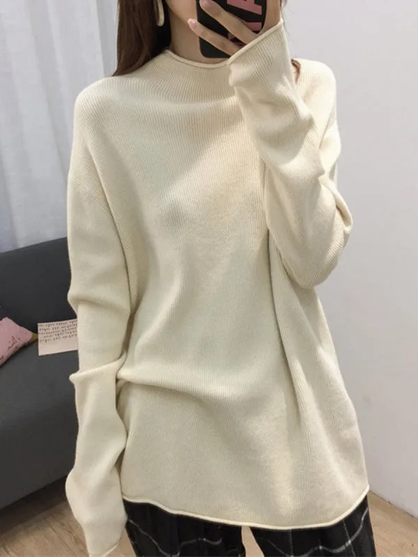 xakxx Casual Loose Long Sleeves Solid Color Half Turtleneck Sweater Tops