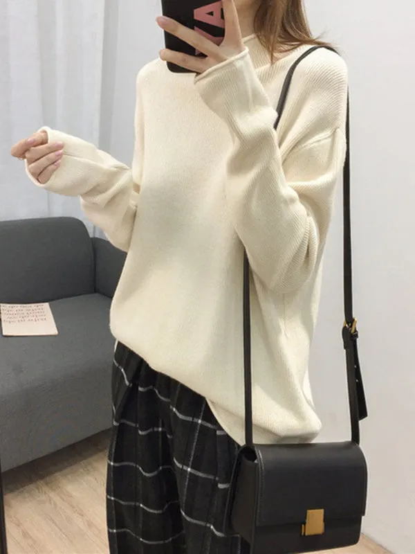 xakxx Casual Loose Long Sleeves Solid Color Half Turtleneck Sweater Tops