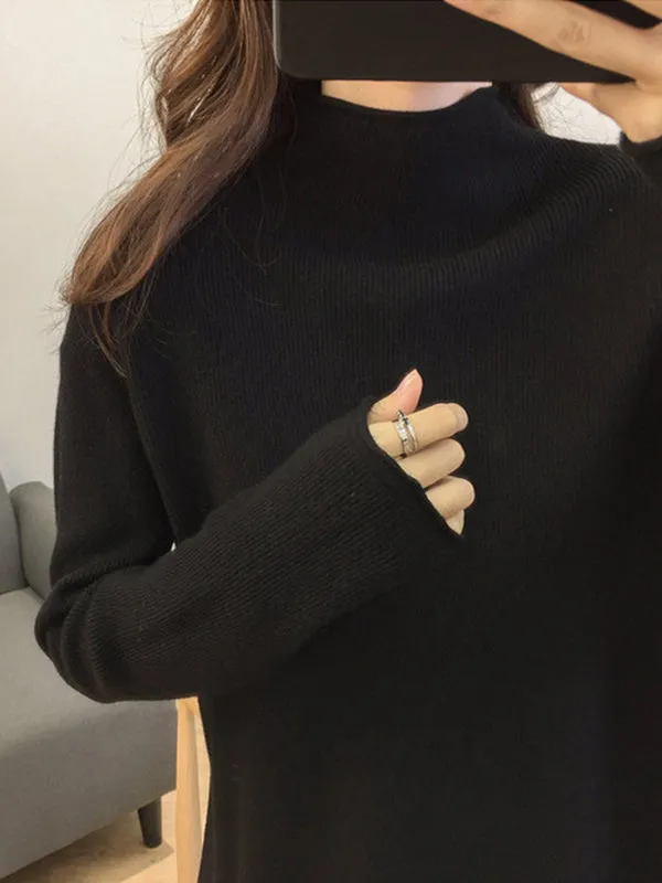 xakxx Casual Loose Long Sleeves Solid Color Half Turtleneck Sweater Tops
