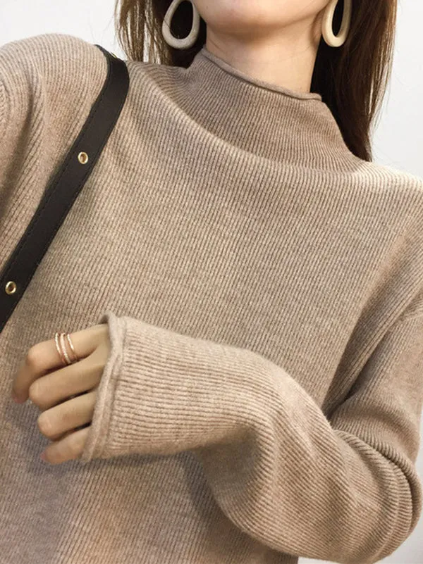 xakxx Casual Loose Long Sleeves Solid Color Half Turtleneck Sweater Tops