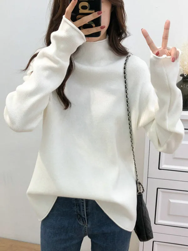 xakxx Casual Loose Long Sleeves Solid Color Half Turtleneck Sweater Tops