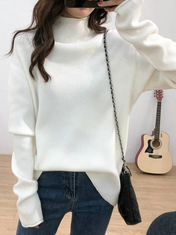 xakxx Casual Loose Long Sleeves Solid Color Half Turtleneck Sweater Tops