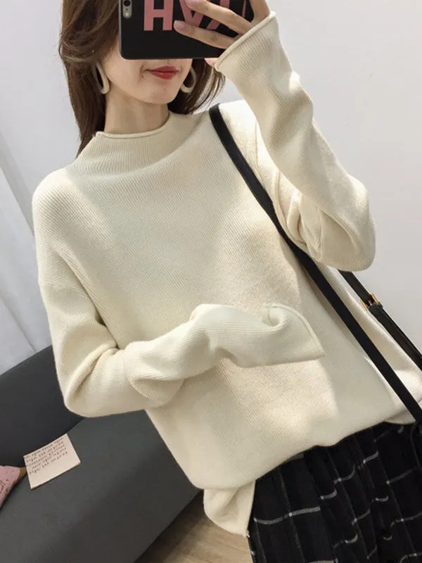 xakxx Casual Loose Long Sleeves Solid Color Half Turtleneck Sweater Tops
