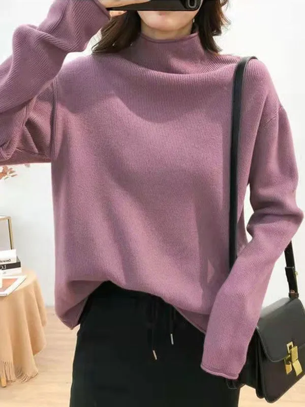 xakxx Casual Loose Long Sleeves Solid Color Half Turtleneck Sweater Tops