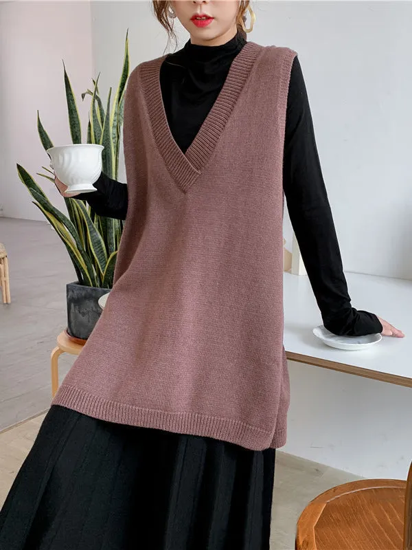 xakxx Trendy Sleeveless Split-Side Solid Color V-Neck Knitted Vest