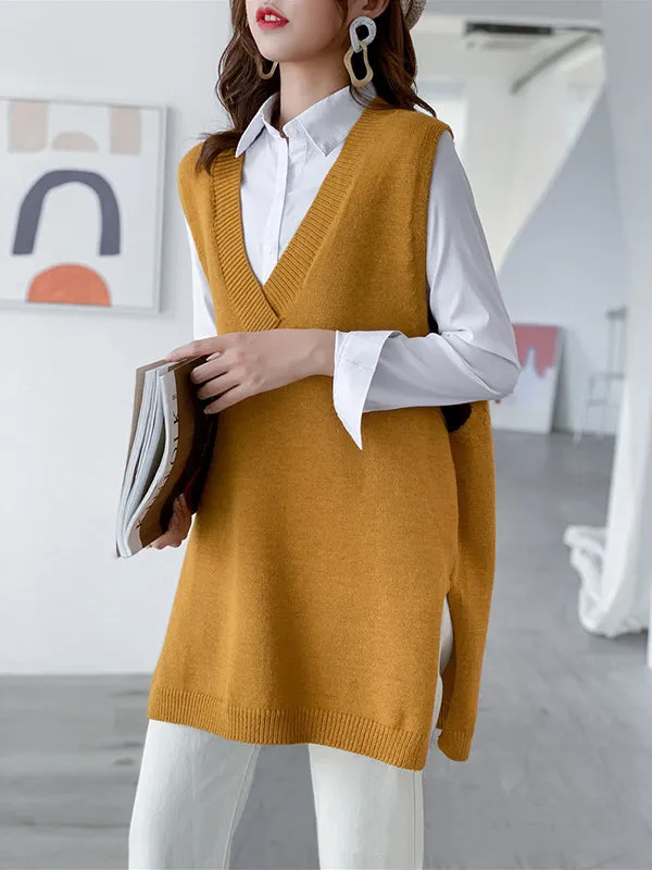 xakxx Trendy Sleeveless Split-Side Solid Color V-Neck Knitted Vest